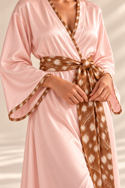 Silk robe sleeve piping and Bambi Print belt detail