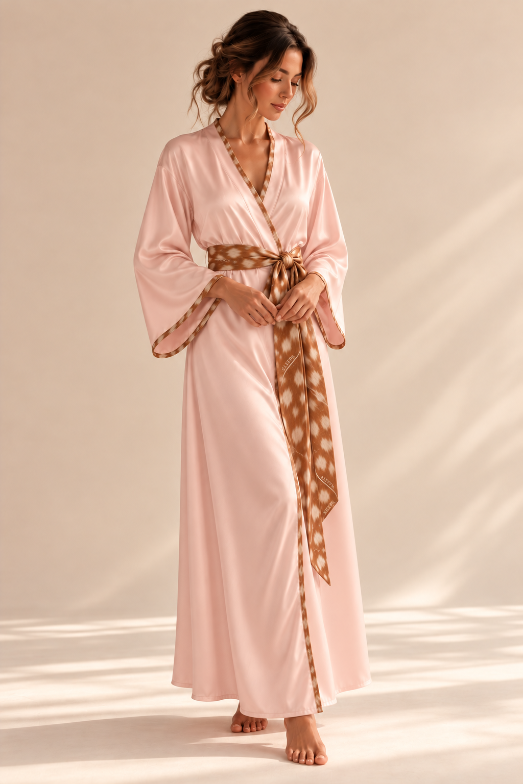 Bambi Pink Softly Spotted Silk Robe, full-length view with printed belt and trim