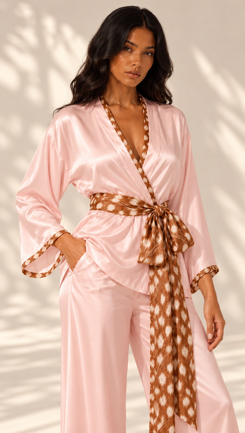 Dappled Grace blush pink silk set by sleeps, showing the fawn-print neckline, cuffs and detachable belt.